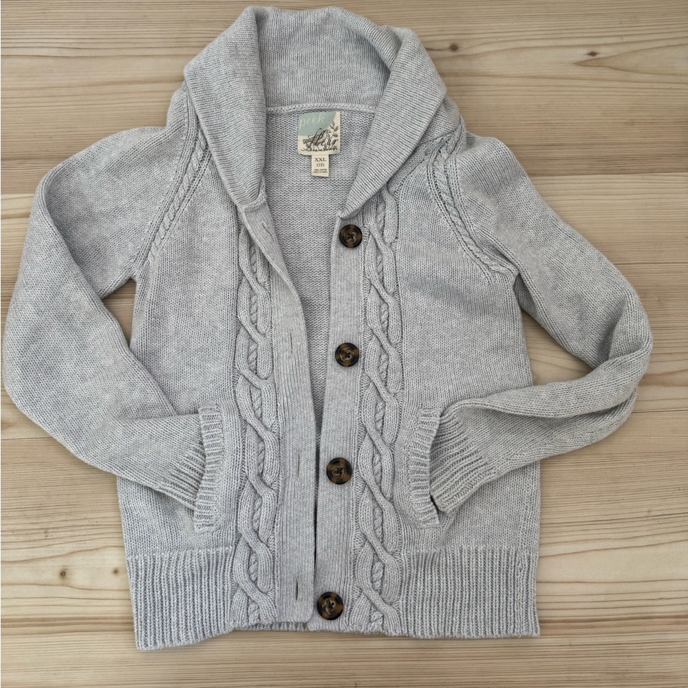Grey cable knit girls button up Peek cardigan sweater size 12 XXL